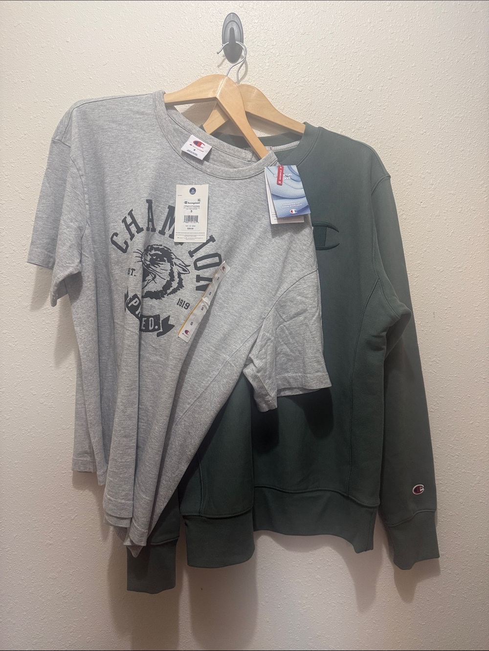 Champion Men’s Crewneck Sweatshirt & Graphic Tee — Gray and Olive - Size S